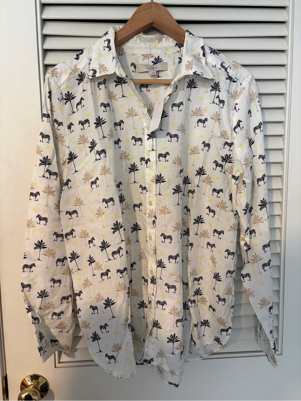 LOFT White Button-Down Shirt with Black Zebra & Gold Palm Print